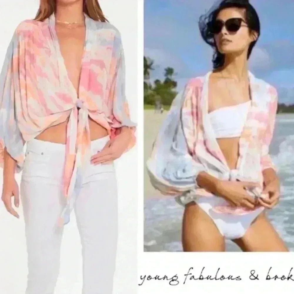 Young Fabulous & Broke Tie Front Top Lightweight Womens XS Pink Tie Dye